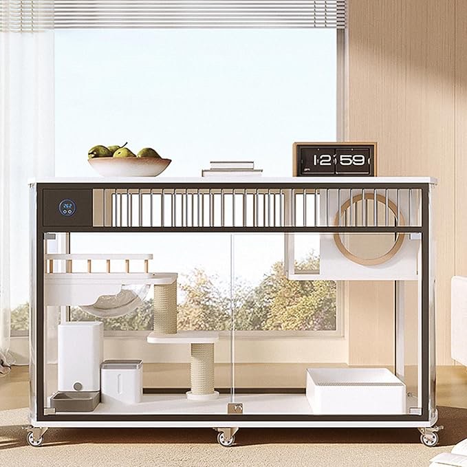 34" X 55" X 24" Modern Cat House with Shelves, Scratching Post, Multi-Feature Enclosed Cat Villa for Indoor Cats