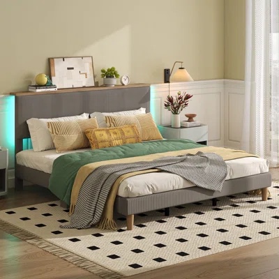 Velvet Upholstered Platform Bed Frame With Storage Headboard And LED Lights
