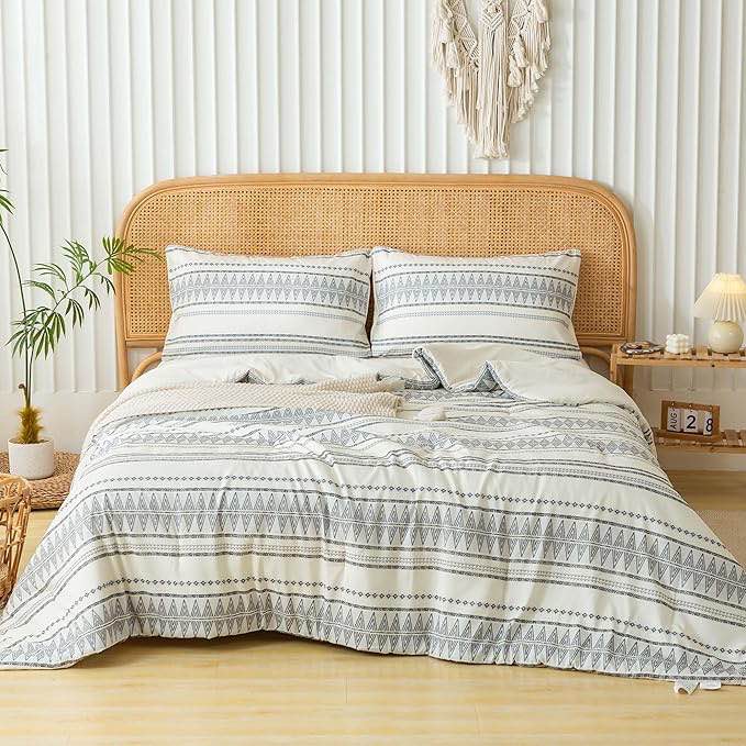 COTTEBED Juego de edredón bohemio, tamaño Queen, ultra suave, ligero, microfibra cepillada, bohemio, elegante, a rayas, arte folclórico azteca, ropa de cama matrimonial, funda de almohada para todas las estaciones