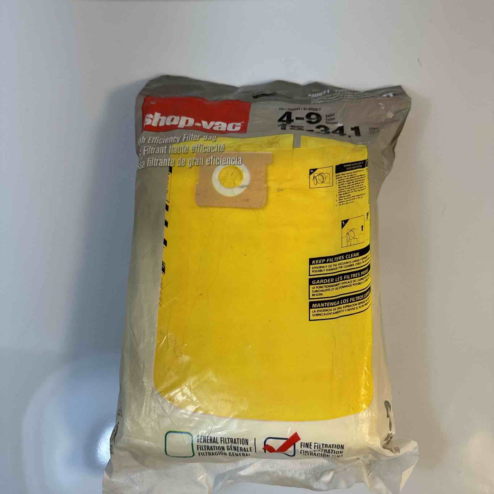 NEW Shop Vac Vacuum Filter Bags, 4 to 9 Gallons, Fine Filtration - 2 Pack #90671