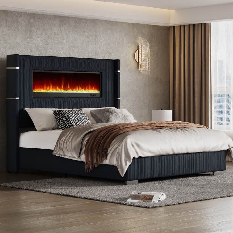 Modern Platform Bed Frame with Fireplace, 60.4“ Tall Corduroy Upholstere Headboard