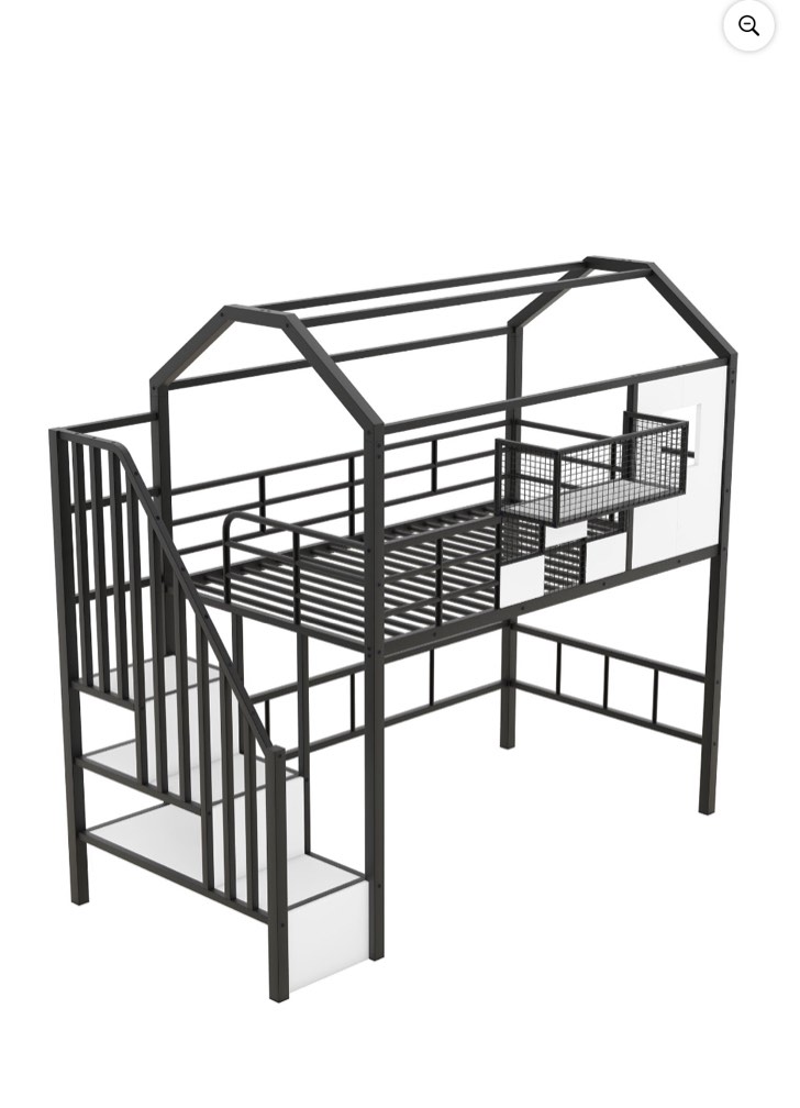 House Loft Bed with Stairs and Storage Box, Twin Size Metal Loft Bed Frame with Full-Length Guardrail and Roof, Space Saving & Multifunctional Loft Bed for Boys Girls, No Box Spring Needed, Black