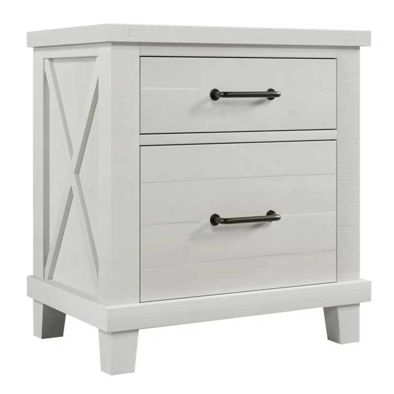 Rustic Farmhouse Style Solid Pine Wood Whitewash Two-Drawer Nightstand