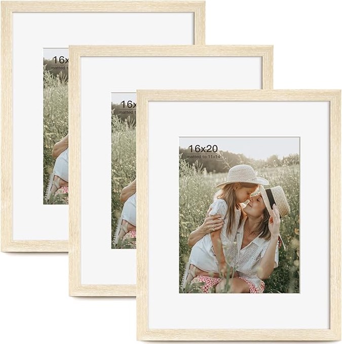 16x20 Picture Frames with Mat for 11x14 Set of 3, 16x20 Frames Natural Wood Grain, 16x20 Picture Frame for Wall Mounting (3pk, Natural