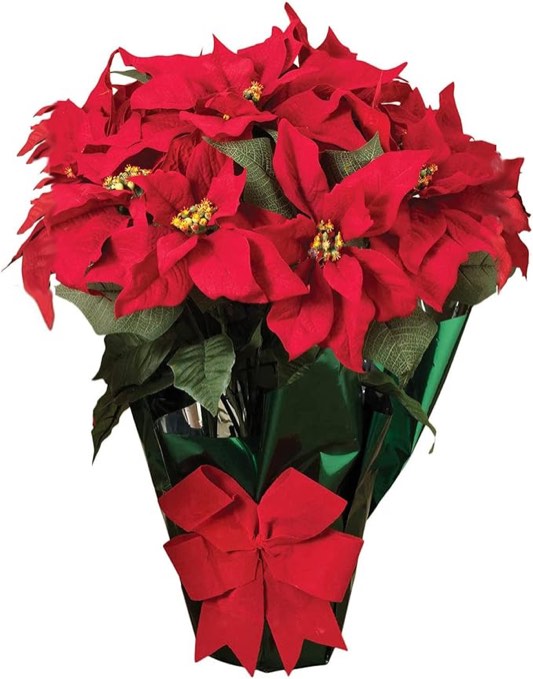 TenWaterloo AC 22" Potted Red Poinsettia Plant with 10 Flowers and Decorative Bow