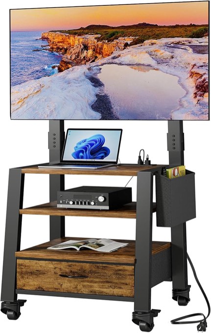 GYIIYUO Rolling TV Stand with Mount and Fabric Drawer for 32-75" TV - Entertainment Center with Charging Station and Industrial TV Console Table for Living Room, Bedroom - 21" W Rustic Brown