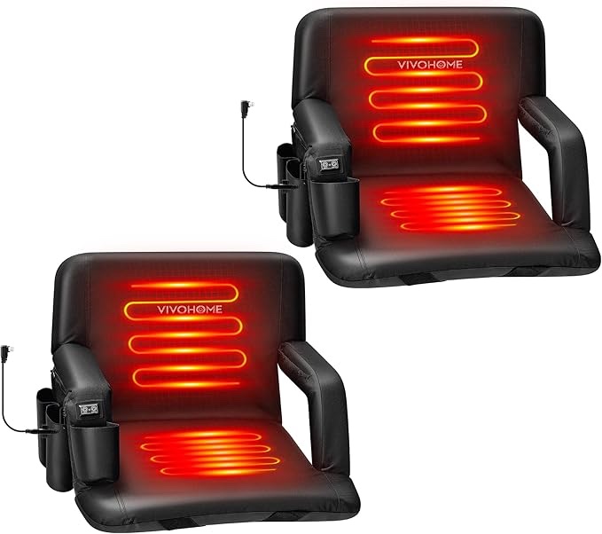 VIVOHOME Heated Stadium Seats with Back Support, 2 Pack Bleacher Chairs with 12V 20W PD Fast Charging Type C Port, 3 Levels of Heat, NTC Overheat Protection System(Power Bank not Included)