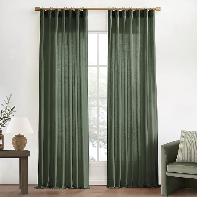 Extra Long 108 Inch Curtains for Large Window,Organic Modern Elegant Decor,Back Tab Pleated Drapes Pretty Linen Sheer Tall Curtains for Living Room Dining Office 2 Panel Set,50 Wide 9 FT,Olive Green