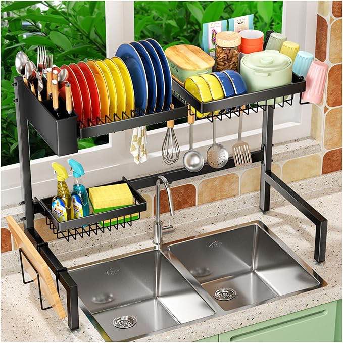 2-Tier Over The Sink Dish Drying Rack, Kitchen Large Dish Drying Rack Over The Sink, Suitable for Most Sinks, Effective Dish Drying, Kitchen Drying Rack