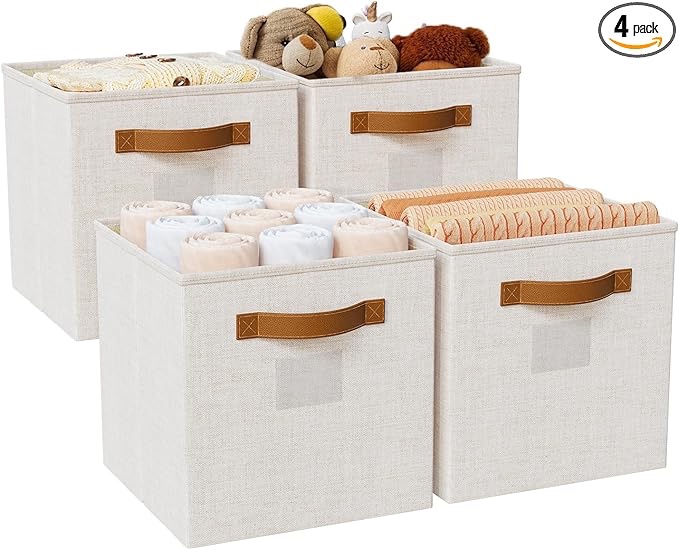  13"x13" Cube Boxes, Cube Storage Bins with Handles for Closet, Foldable Linen Storage Bins with Handles for Clothes, Yarns, Towels, Blankets, Toys, Beige, 4 Pack