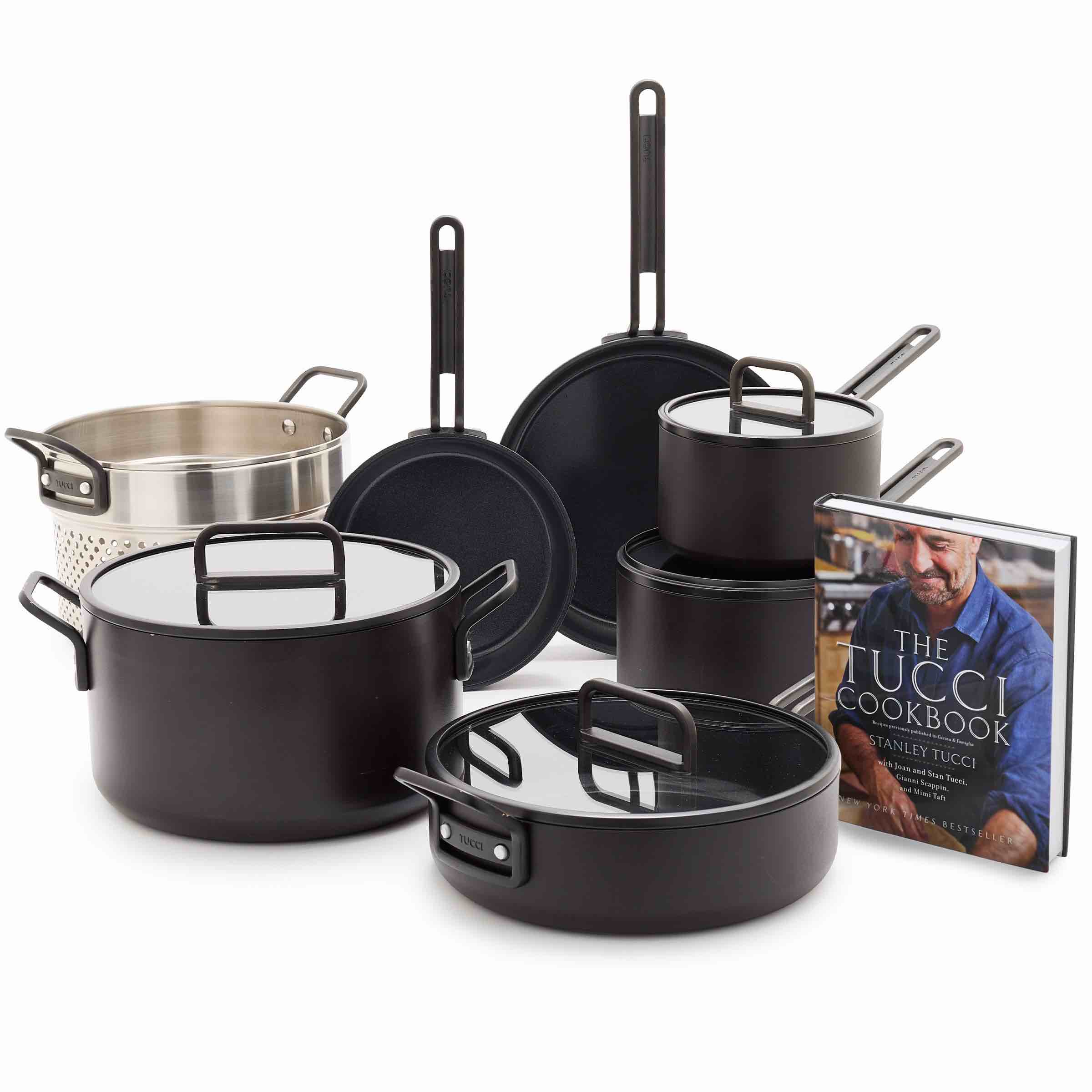 STANLEY TUCCI™ CERAMIC NONSTICK 11-PIECE COOKWARE SET WITH THE TUCCI COOKBOOK | MILANO BLACK