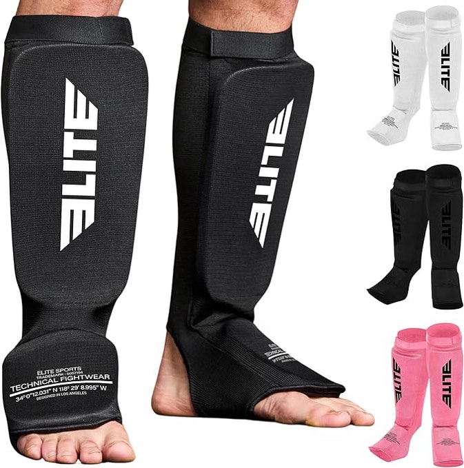 Elite Sports MMA Shin Pads for Muay Thai and Kickboxing, Protective Shin Guards with Instep Guard for Sparring and Training, for Adults, Kids, and Youth