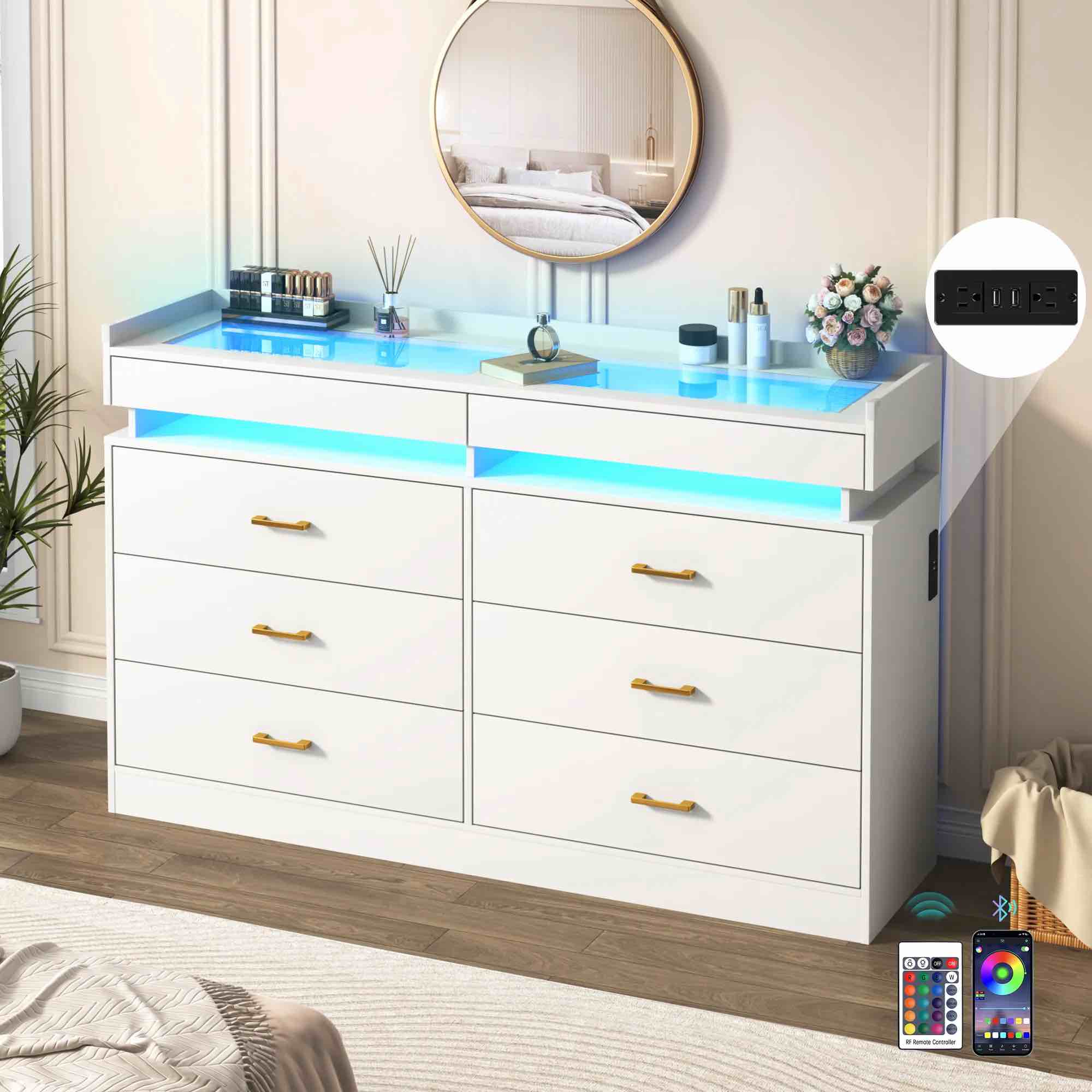 ChVans 6 Drawer Dresser for Bedroom with LED Lights and Charging Station, 59" Wide Chest of Drawers with Glass Top & 2 Grid Drawer, White Dresser with Jewelry Drawer for Hallway, Living Room