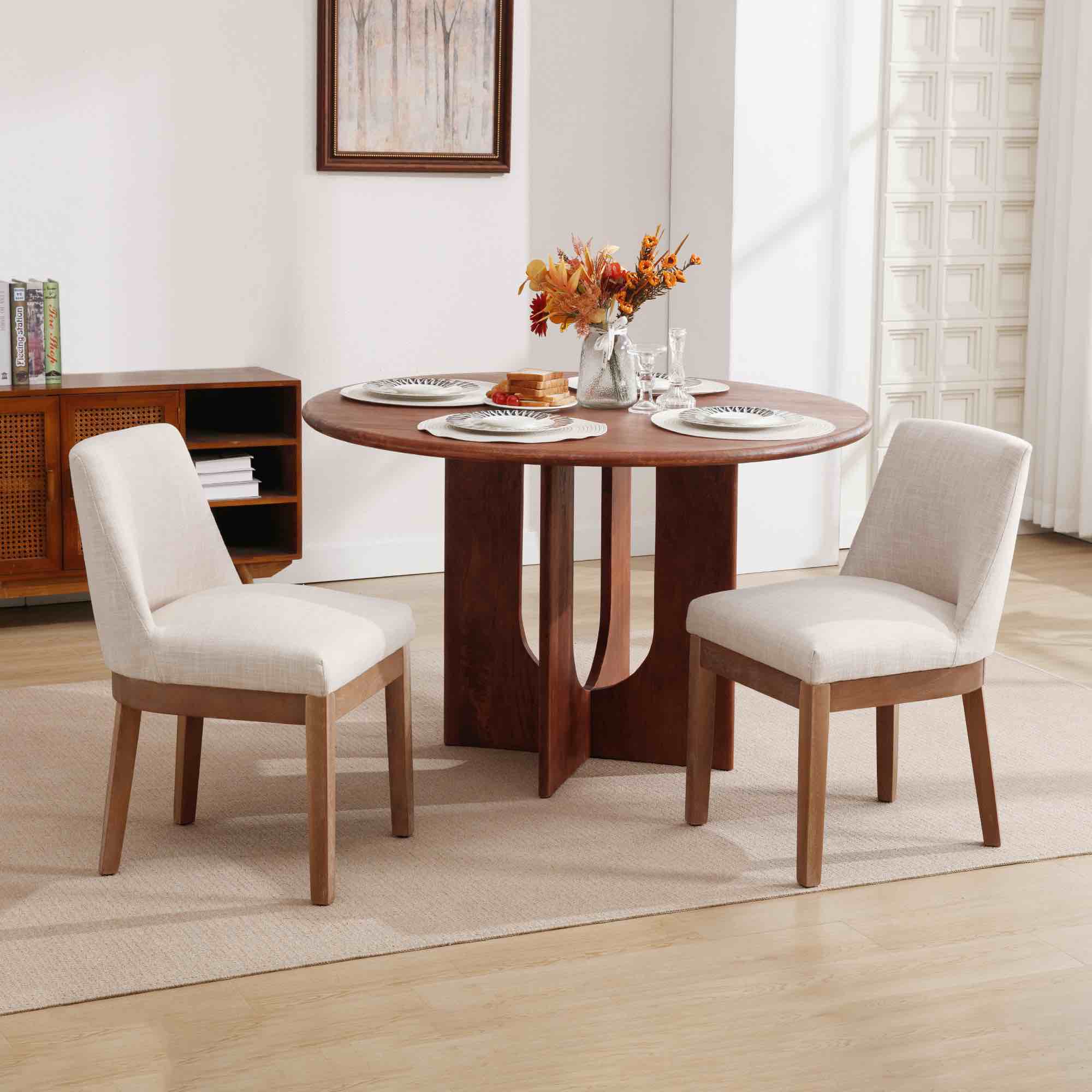 DAYALANE Linen Dining Chairs Set of 2, Upholstered Parsons Dining Room Chair with Brown Wood Legs, Farmhouse Kitchen Chairs with Mid Back, Comfy Armless Side Chair for Living Room/Restaurant, Beige