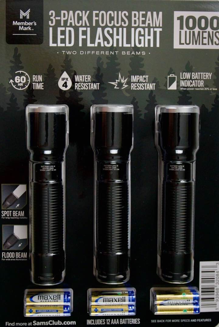 Member's Mark Focus Beam LED Flashlight 1000 Lumens Batteries Included, 3 Pack