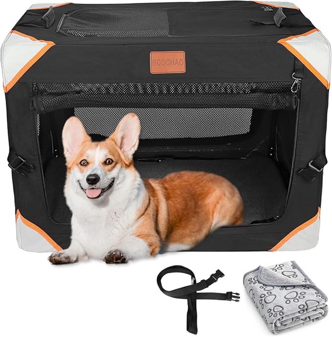 BCOCHAO Collapsible Dog Crate-Portable Dog Travel Crate for Small/Medium/Large Dog,4-Door Pet Crate,Sturdy/Breathable/Comfortable,Suitable for Indoor and Outdoor Travel;Comes with Soft Blanket