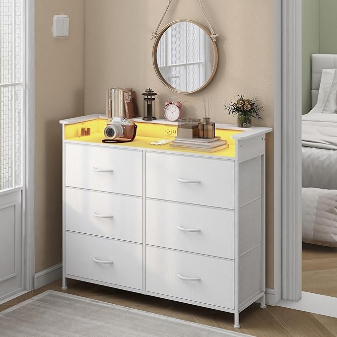 White Dresser for Bedroom with Charing Station and LED Light 6 Drawer Dresser with PU Finish Fabric Chest of Drawers for Closet Living Room Hallway Sturdy Steel Frame Double Wooden Tabletop