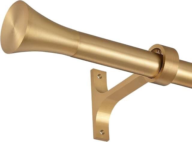 1Inch Single Curtain Rods, Decorative Drapery Rods Adjustable 100-144IN Length, With Horn Finials, Wall Mount and Ceiling Mount, Warm Gold