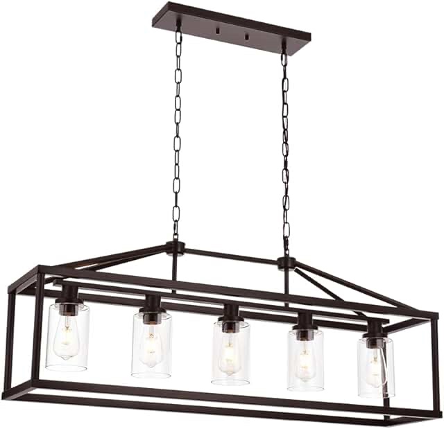 BONLICHT Industrial Rustic Farmhouse Chandelier 5 Light Modern Rectangle Dining Room Light Fixture Hanging Oil Rubbed Bronze Kitchen Island Cage Pendant Lighting with Clear Glass Shade for Hallway Bar