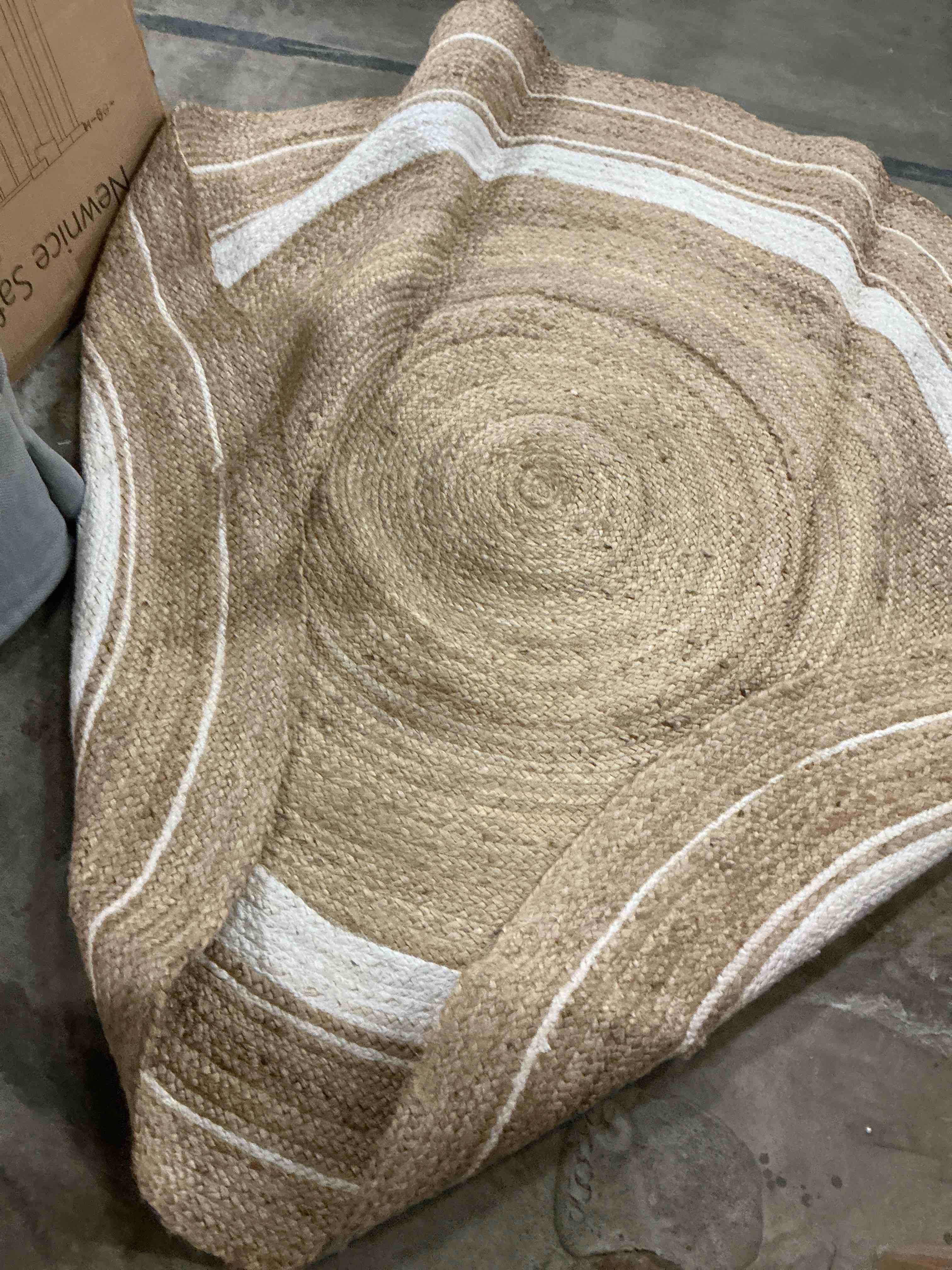 The Knitted Co. 100% Jute Area Rug Approx 5 Feet - Braided Design Hand Woven Natural White Rings Carpet - Home Decor for Living Room Hallways - Round Natural Fibers