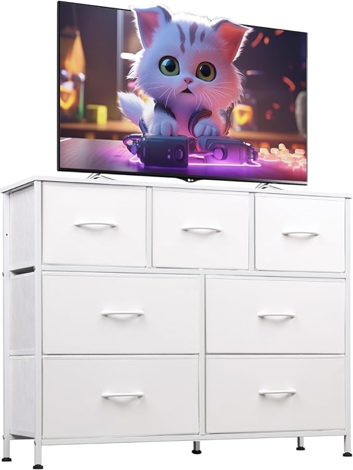 WLIVE Dresser with 7 Drawers, Dressers for Bedroom, Fabric Storage Tower, Hallway, Entryway, Closets, Sturdy Steel Frame, Wood Top, Easy Pull Handle, White