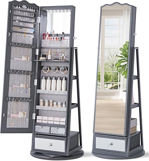 Full-Length Mirror Jewelry Cabinet: 360°Swivel Jewelry Armoire Cabinet with LED Lights - Built in Vanity Mirror Lockable Standing Jewelry Organizer with Large Capacity Shelves& Drawer Grey