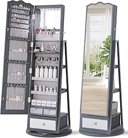 Full-Length Mirror Jewelry Cabinet: 360°Swivel Jewelry Armoire Cabinet with LED Lights - Built in Vanity Mirror Lockable Standing Jewelry Organizer with Large Capacity Shelves& Drawer Grey