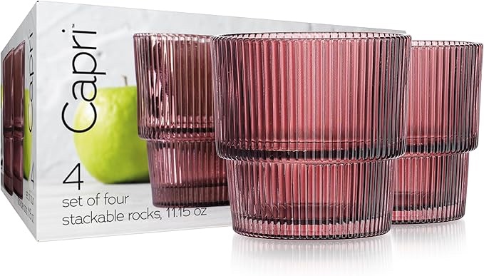 Glaver's Ribbed Drinking Glasses Set of 4, Colored Vintage Glass Cups. 11 oz Rocks Glasses, Stackable Whiskey Glasses, Modern Vintage Style, Merlot