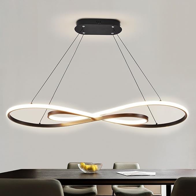 lampara colgante con forma de infinito 39" Modern Infinite LED Pendant Light, Dimmable LED Kitchen Island Linear Chandelier with Remote Control, Black Modern Chandelier for Dining Room, Adjustable Height Hanging Light Fixture Over Table