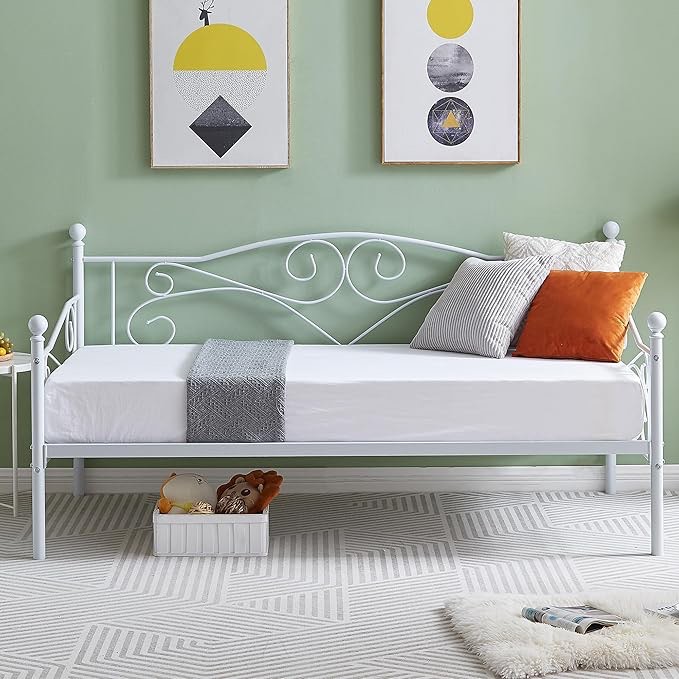 VECELO Twin Size Daybed Frame Metal Sofa Bed Mattress Foundation with Headboard, Heavy-Duty Steel Slat Support for Bedroom Living/Guest Room, Easy Assembly, white