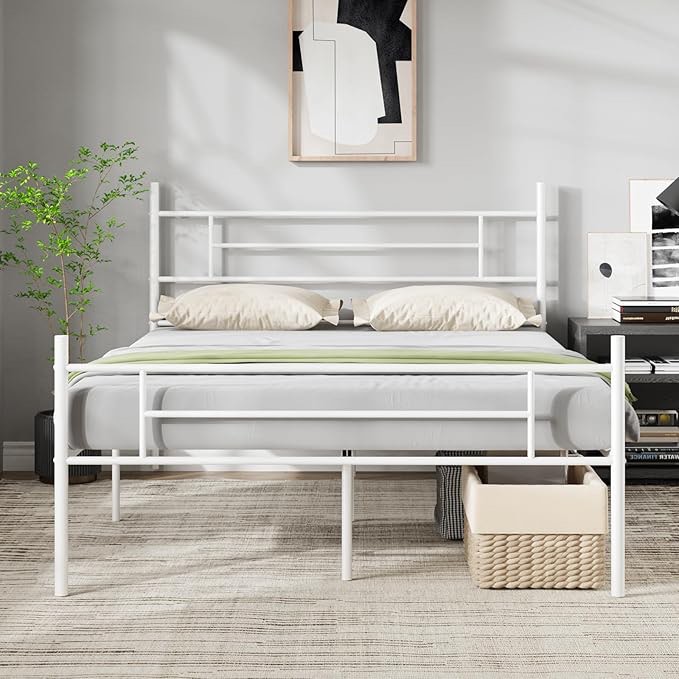 Novilla Metal Full Size Bed Frame with Headboard and Footboard, 14 Inch Platform Bed Frame with Storage No Box Spring Needed, Strong Metal Slats Support, White