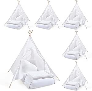 6 Sets Kids Teepee Tent with Inflatable Airbed, Bed Tray Table, Fitted Sheet and Pillow Insert Toddler Play Tent Washable Foldable Tent for Boy Girl Indoor Outdoor Slumber Sleepover Party