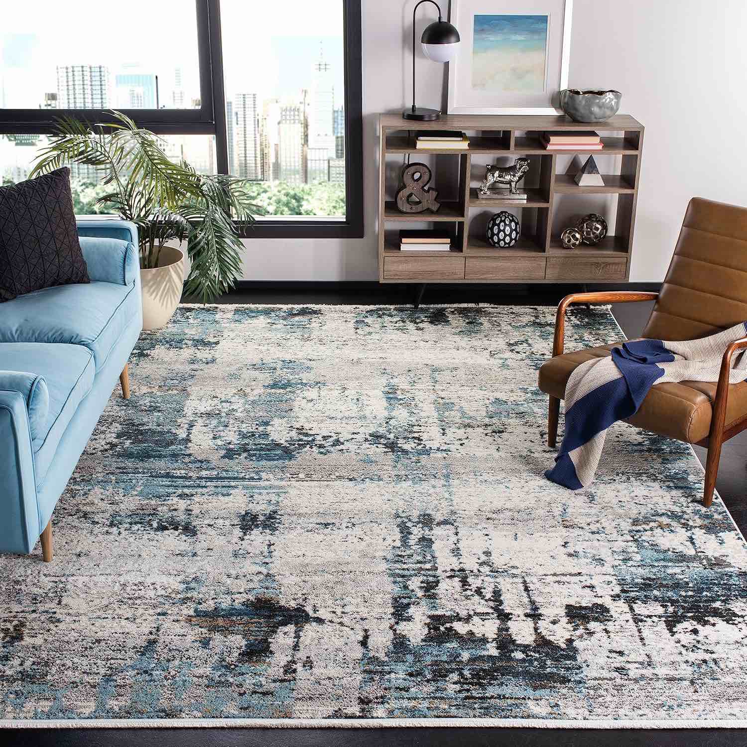 SAFAVIEH Shivan Collection 8' x 10' Ivory / Navy SHV736N Modern Abstract Non-Shedding Living Room Bedroom Dining Home Office Area Rug