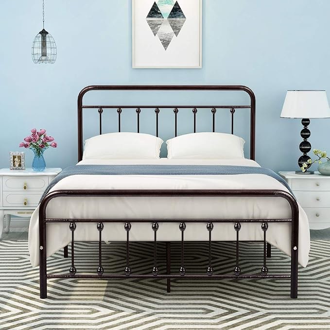 DUMEE Platform Bed Frame Full Size with Vintage Headboard and Footboard Sturdy Premium Steel Slat Support, Antique Brown