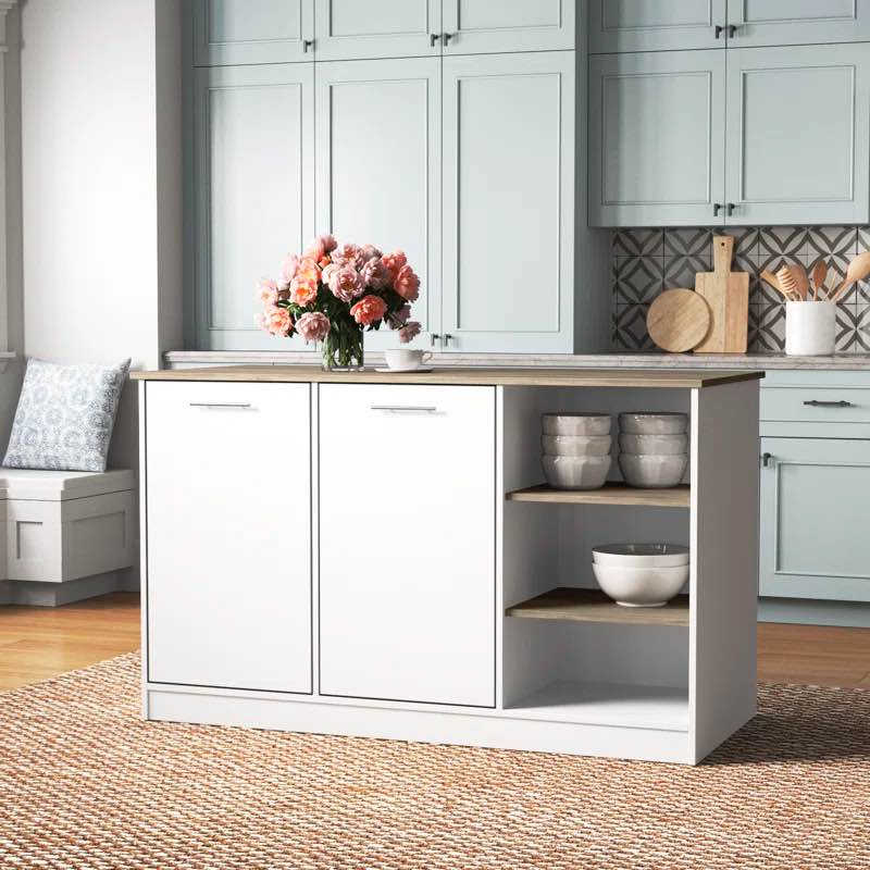 ( incomplete)( box 1 of 2)Ginger 59-inch Wide Kitchen Island with 3 Open Shelves and 2 Cabinets, White