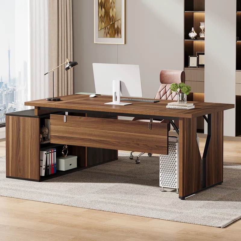 71-Inch L-Shaped Executive Desk with Cabinet Locking Drawer Storage Shelves Business Furniture Set