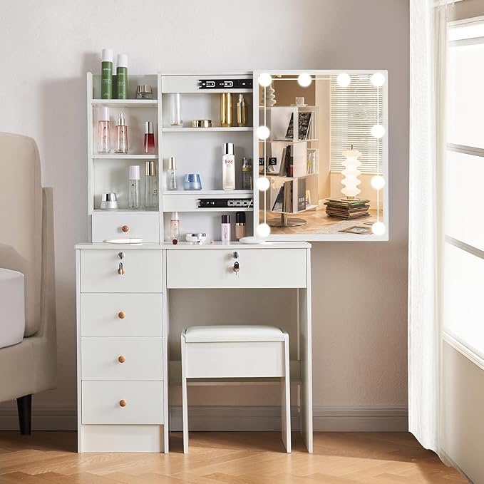 onesaimei Coiffeuse de maquillage avec lumires et miroir, coiffeuse avec miroir de maquillage clair, table de coiffeuse avec tiroirs, tagres et tabouret pour chambre  coucher