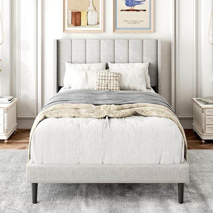 Upholstered Bed Frame Twin with Wingback Headboard / No Box Spring Needed / Wooden Slat Support / Easy Assemble / Light Gray