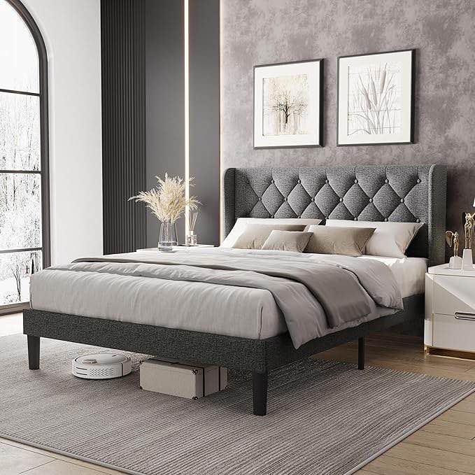 LINSY Full Size Bed Frame with Headboard, Linen Upholstered Bed Frame with Solid Wooden Slats Support, Heavy Duty Platform Bed Full, NO Box Spring Needed, Noise-Free, Dark Grey