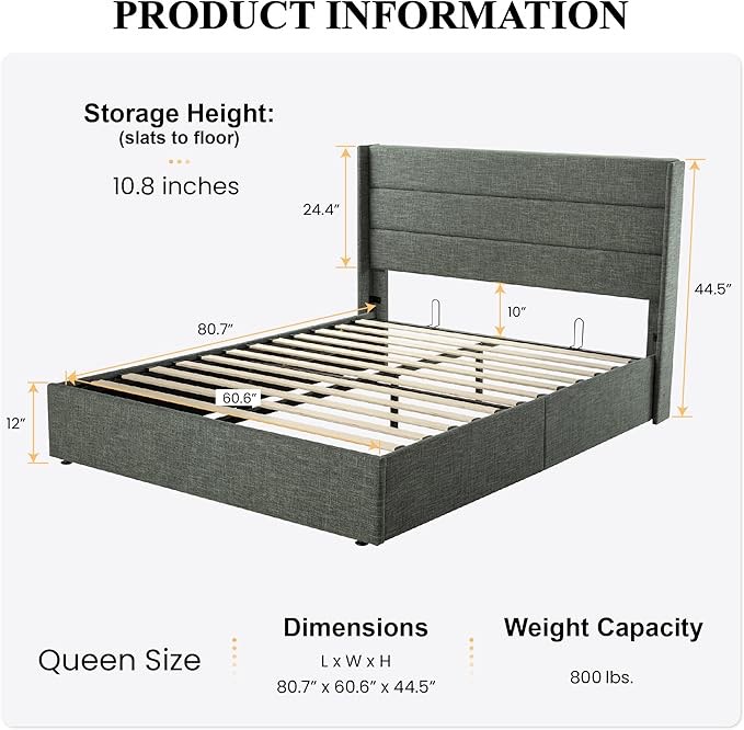 SHA CERLIN Queen Size Lift Up Storage Bed/Modern Wingback Headboard/Upholstered Platform Bed Frame/Hydraulic Storage/No Box Spring Needed/Wood Slats Support/Dark Grey