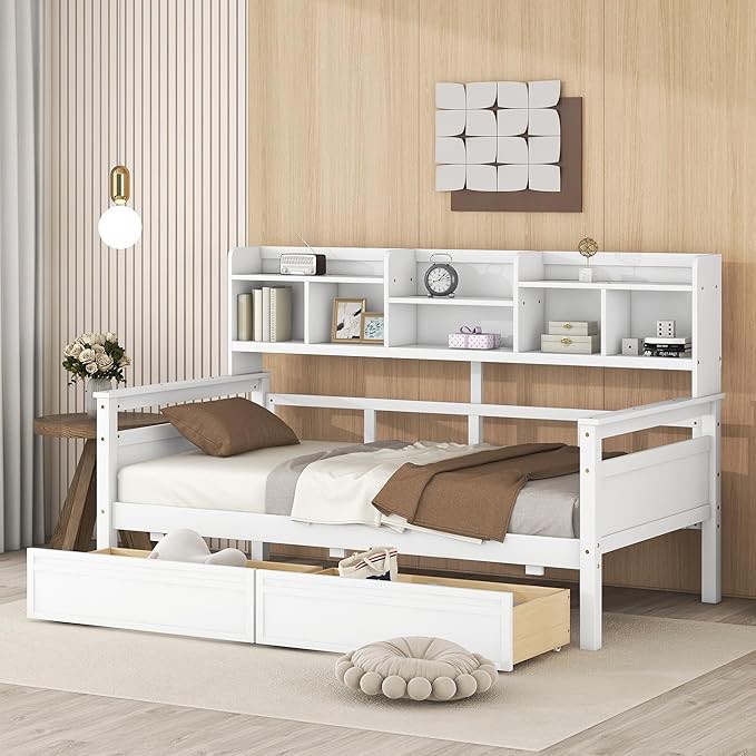 ( incomplete)( similar))( box 2 of 2) Twin Size Daybed with 2 Drawers and Storage Bookshelf, Wooden Day Bed Frame with Bookcases for Kids Teens Adults, White