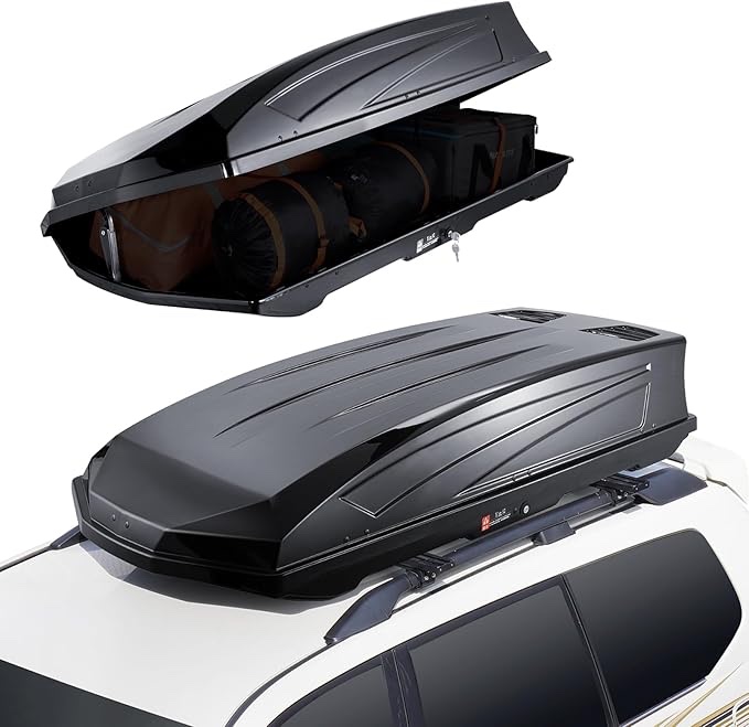 VEVOR Rooftop Cargo Carrier,  Feet Roof Cargo Box, ABS Hard Shell Roof Box, with Dual-Sided Opening and 2 Reinforced Straps, Aerodynamic, Suitable for most Crossbar, for Car, Wagon, SUV, Black