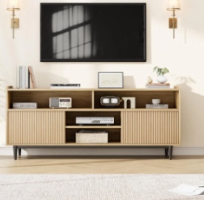 GARVEE Wood TV Stand for 70 inch, Boho Entertainment Center with Storage and Fluted Sliding Doors, Fluted TV & Media Furniture TV Console Table for Living Room Bedroom, Coastal Oak