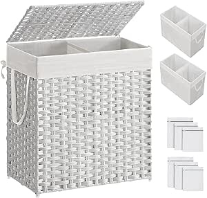 SONGMICS Laundry Hamper with Lid, 130L Clothes Hamper with 2 Removable Liner Bags, 6 Mesh Bags, Wicker Laundry Basket, Double Laundry Hamper for Bathroom, 13 x 26 x 23.6 Inches, Natural ULCB253N01