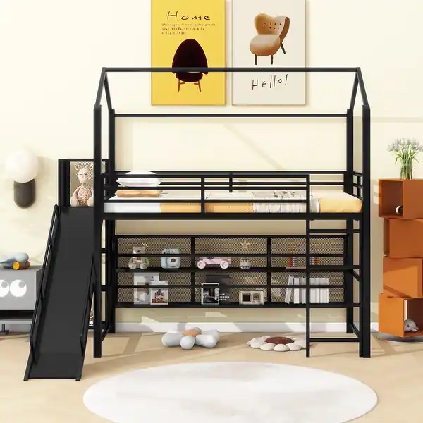 ( incomplete box 2 of 2) Twin Size House-shaped Metal Loft Bed with Iron mesh Shelves, Kid's Loft Bed with Ladder and Slide for Bedroom, Black