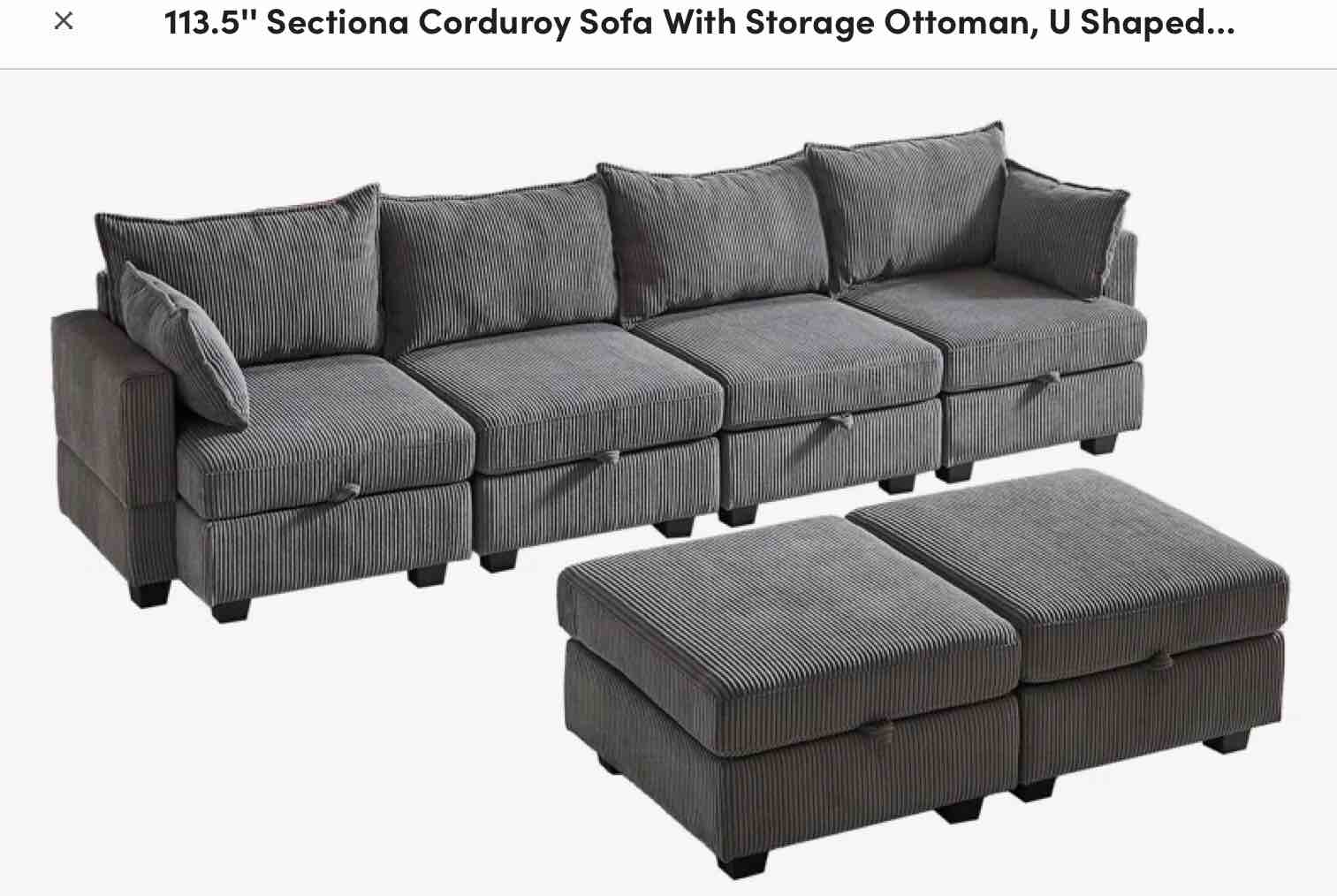 (incomplete box 1 of 3)113.5'' Sectiona Corduroy Sofa With Storage Ottoman, U Shaped Corner Sectional Modular Sofa Couch With Chaise, 6 Seats Convertible Sectionals Body Fabric: Dark Gray Corduroy