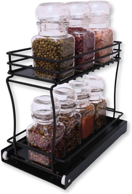 Wondersome Pull-Out Spice Rack Organizer for Cabinet Shelf - Matt Black - 2-Tier Kitchen Jars Organization and Storage Tray - EZ-Slide Rolling Drawer Wheels - Assembles in Moments - US-Based Brand, Black 