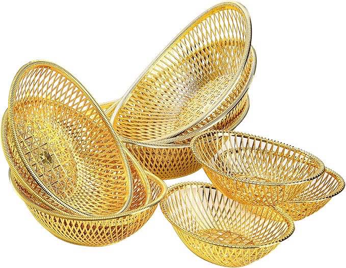 10 Pack Plastic Bread Basket, Reusable Oval Food Storage Basket Decorative Serving Basket Fruit Bowl Creative Bread Basket Vegetables Holder for Kitchen Countertop, Dining Room, Buffets, Tables, Gold