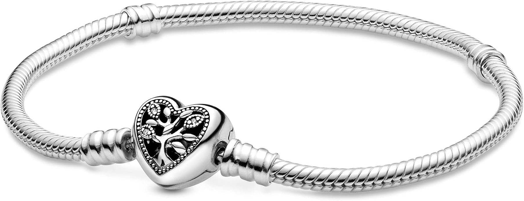 PANDORA Pandora Moments Family Tree Heart Clasp Snake Chain Bracelet, Clear CZ 925 Sterling Silver Charm Bracelet 17cm