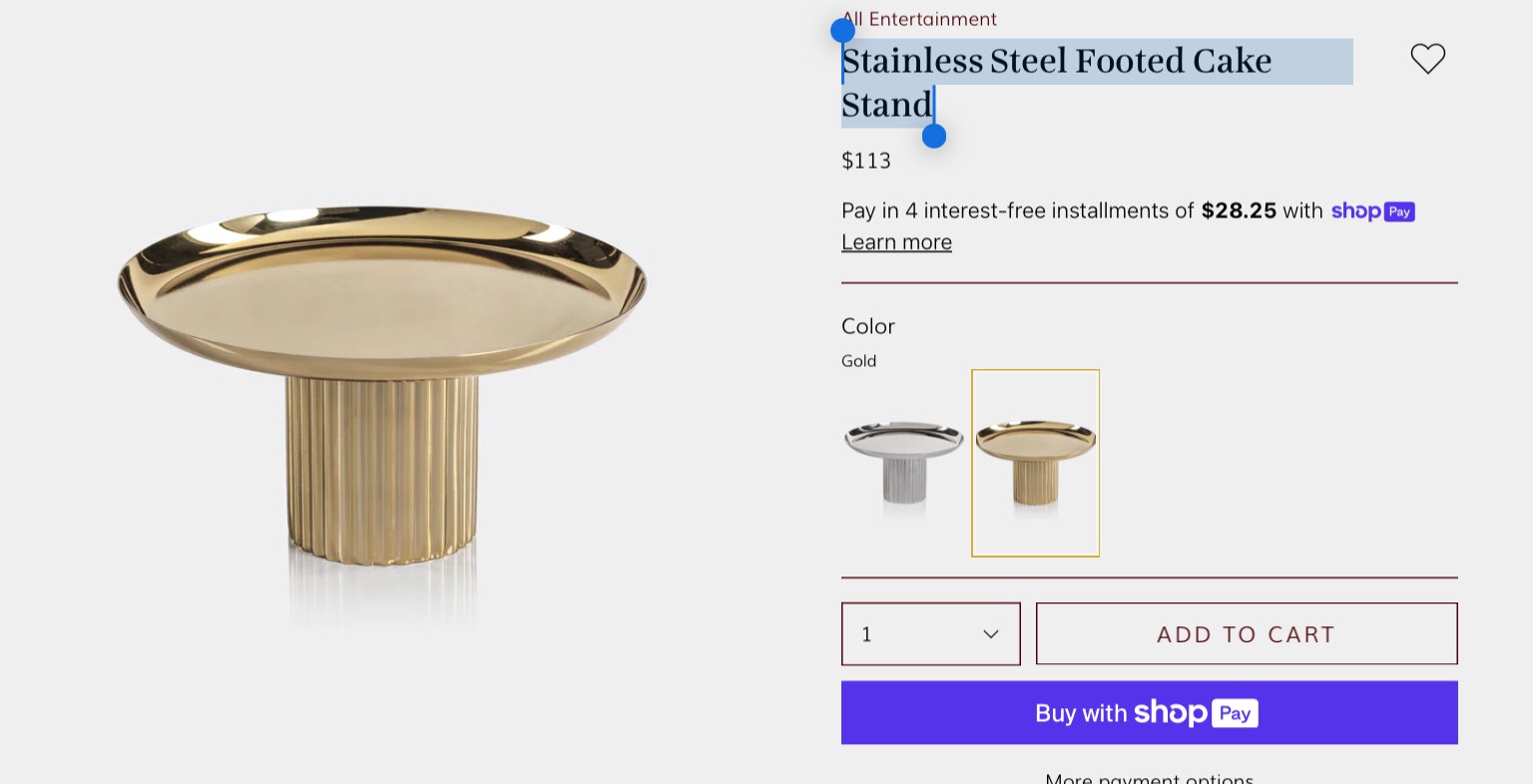 Stainless Steel Footed Cake Stand-Gold (two cake stands in box)